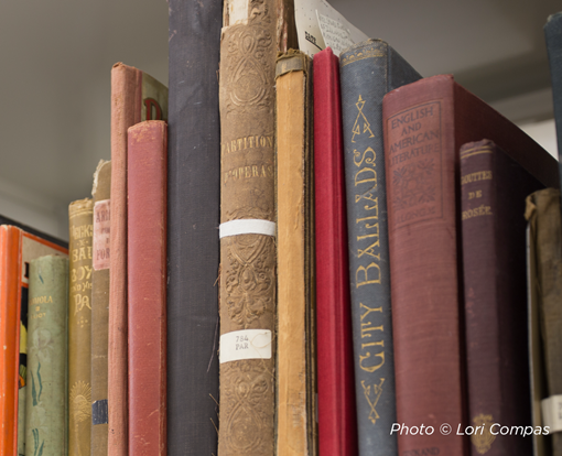 Bookshelf filled with multi-colored antique books.