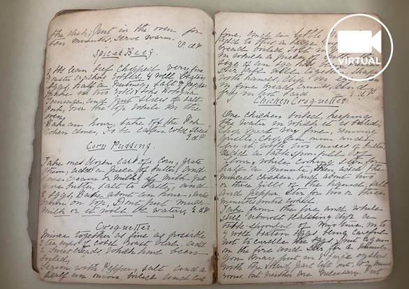 Old Crofton cookbook, pages are turning brown around the edges with pen and ink handwritten recipes