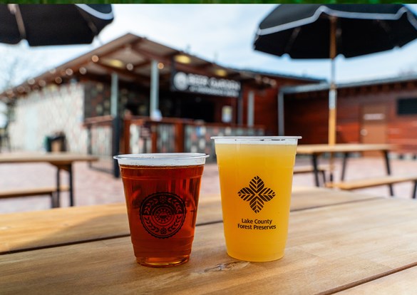 Two cups with dark and light craft beers at the Beer Garden.