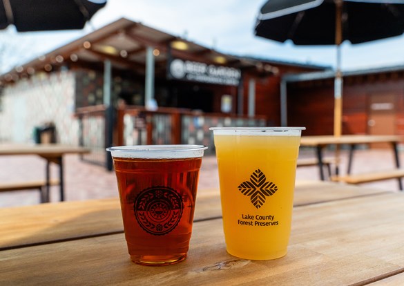 Two cups with dark and light craft beers at the Beer Garden.