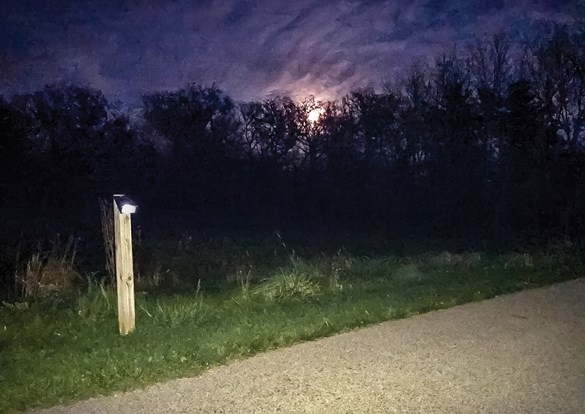 Moon setting in the dark purplish sky over the solar-lit trail.