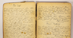 Handwritten recipe book, yellowed page written with fountain pen
