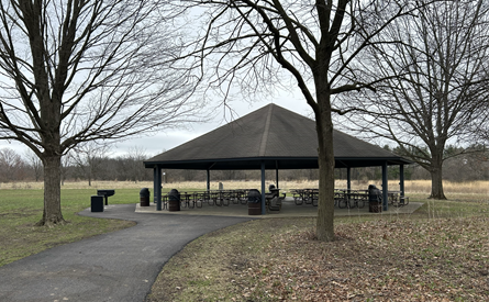 Outdoor shelter, paved walkway, grills and picnic tables.