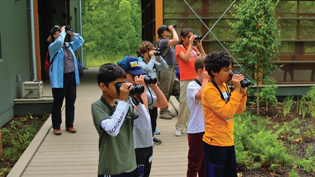 Group of young students with their instructors, all looking at birds with binoculars.