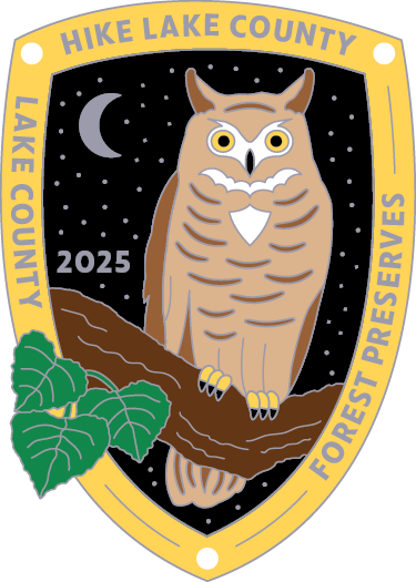 2025 Hike Lake County medallion with an illustration of a great horned owl.