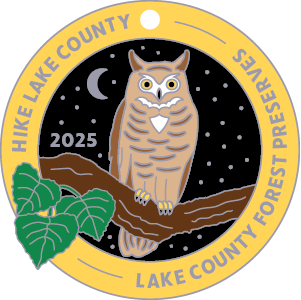 2025 Hike Lake County zipper-pull with an illustration of a great horned owl.