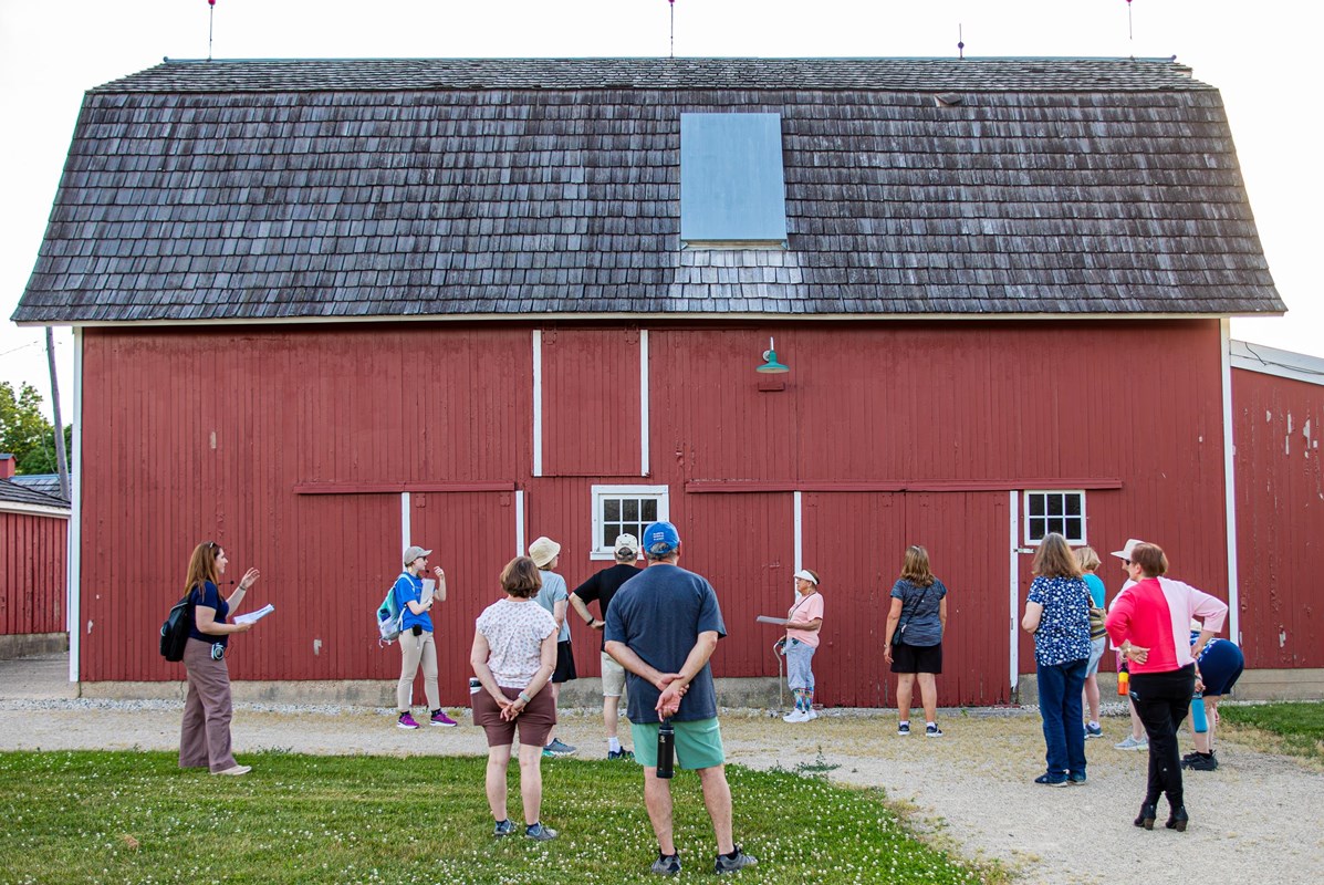 Group of people walking around an old red and white barn.
