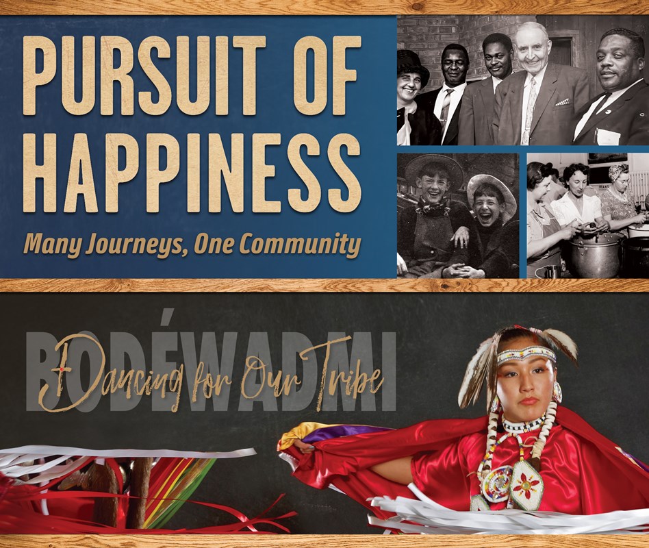 Pursuit of Happiness: four black and white photos from 1940's.Dancing For Out Tribe: female Native American dancing in bright red out covered in beads.