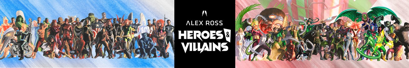 Artwork by Alex Ross featuring a dramatic clash between iconic heroes and villains.