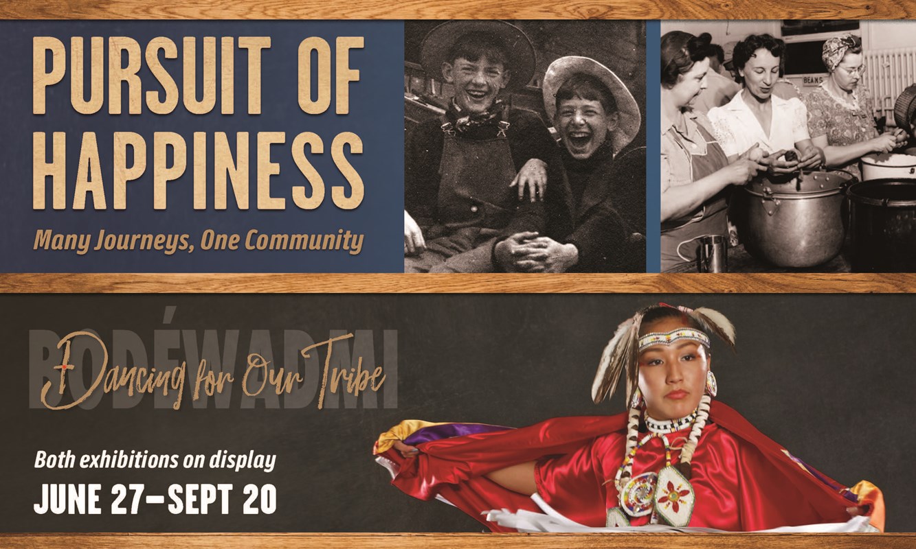 Pursuit of Happiness/Dancing for Our Tribes;, Native American woman in red dress, black and white photo of people from different ethnic diversities.