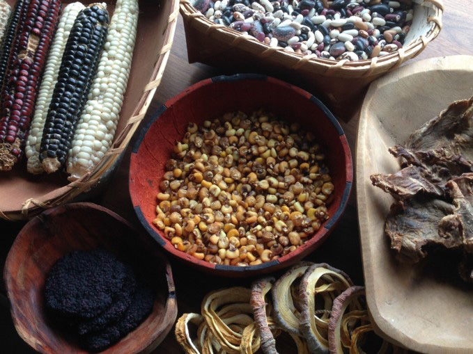 Bowls and dishes of maze and beans